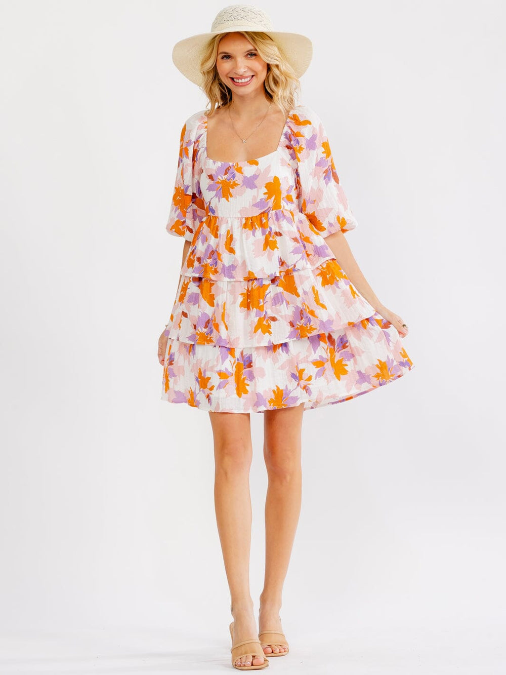 WOMEN'S SHORT PUFF SLEEVE SQUARE NECK SMOCK RUFFLE TIERED FLORAL MINI DRESS