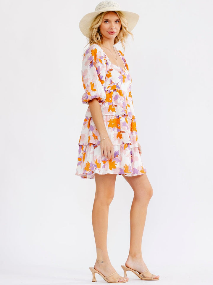 WOMEN'S SHORT PUFF SLEEVE SQUARE NECK SMOCK RUFFLE TIERED FLORAL MINI DRESS