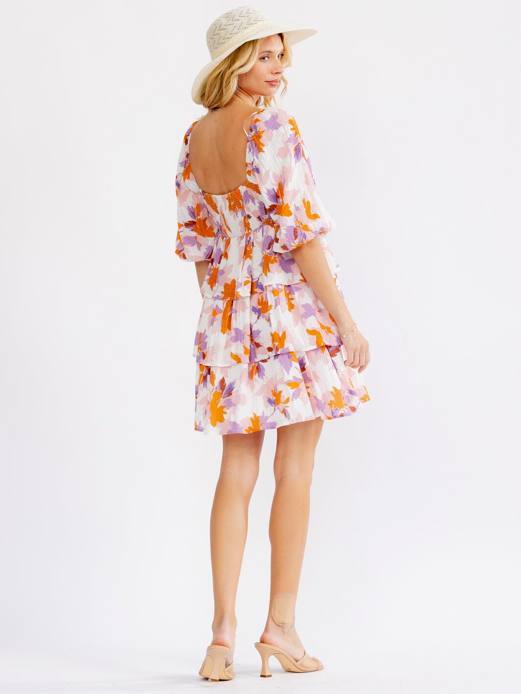 WOMEN'S SHORT PUFF SLEEVE SQUARE NECK SMOCK RUFFLE TIERED FLORAL MINI DRESS