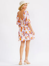 WOMEN'S SHORT PUFF SLEEVE SQUARE NECK SMOCK RUFFLE TIERED FLORAL MINI DRESS