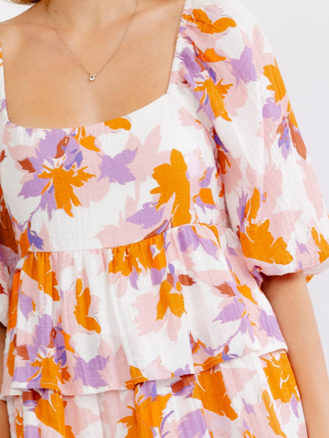 WOMEN'S SHORT PUFF SLEEVE SQUARE NECK SMOCK RUFFLE TIERED FLORAL MINI DRESS