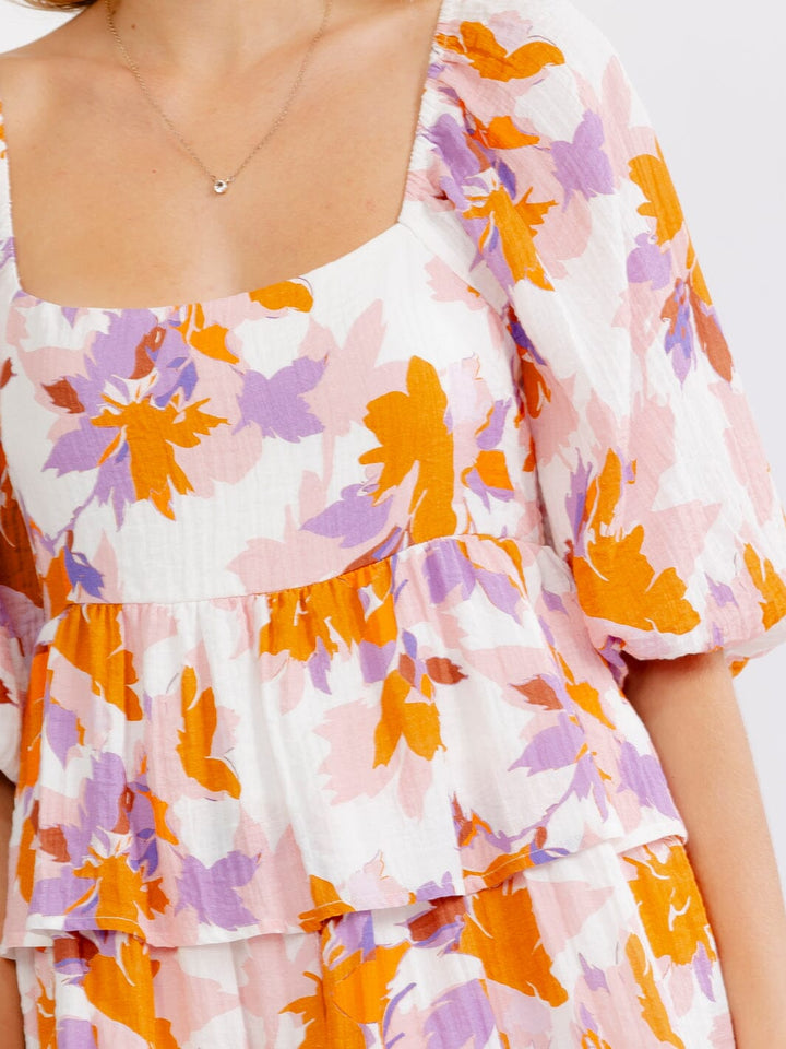 WOMEN'S SHORT PUFF SLEEVE SQUARE NECK SMOCK RUFFLE TIERED FLORAL MINI DRESS