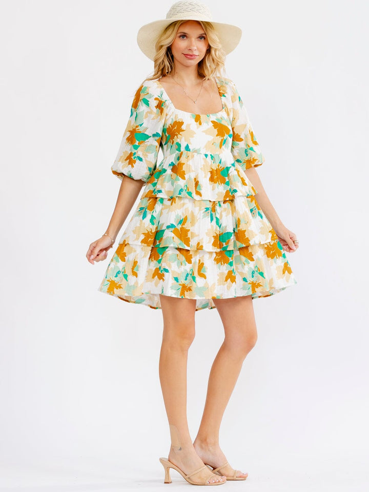 WOMEN'S SHORT PUFF SLEEVE SQUARE NECK SMOCK RUFFLE TIERED FLORAL MINI DRESS