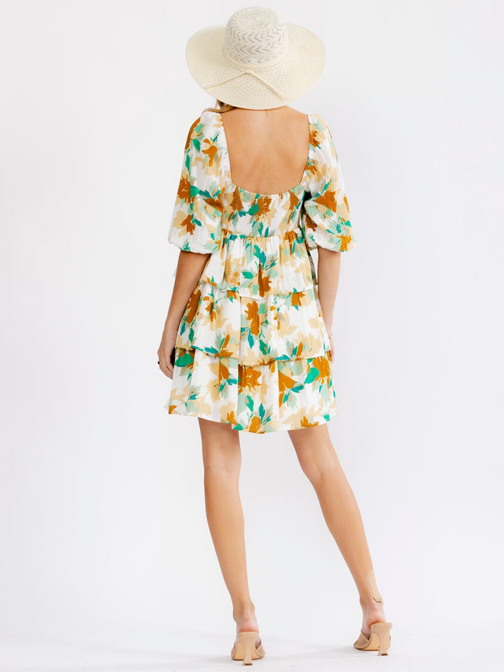 WOMEN'S SHORT PUFF SLEEVE SQUARE NECK SMOCK RUFFLE TIERED FLORAL MINI DRESS