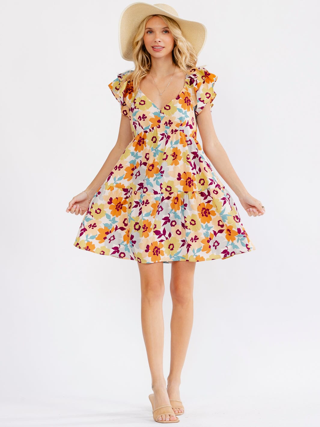 WOMEN'S RUFFLE SLEEVE V-NECK SMOCK TIERED FLORAL MINI DRESS
