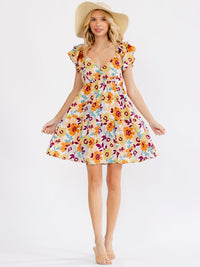 WOMEN'S RUFFLE SLEEVE V-NECK SMOCK TIERED FLORAL MINI DRESS