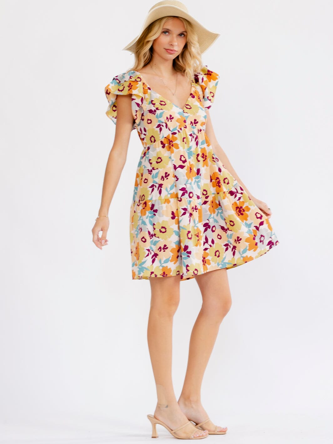 WOMEN'S RUFFLE SLEEVE V-NECK SMOCK TIERED FLORAL MINI DRESS