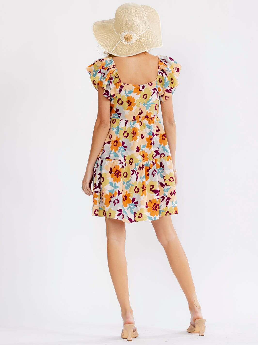WOMEN'S RUFFLE SLEEVE V-NECK SMOCK TIERED FLORAL MINI DRESS