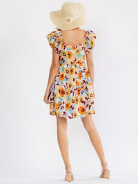 WOMEN'S RUFFLE SLEEVE V-NECK SMOCK TIERED FLORAL MINI DRESS