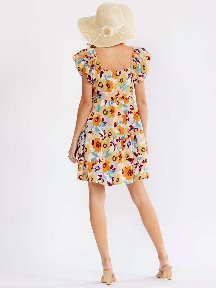 WOMEN'S RUFFLE SLEEVE V-NECK SMOCK TIERED FLORAL MINI DRESS