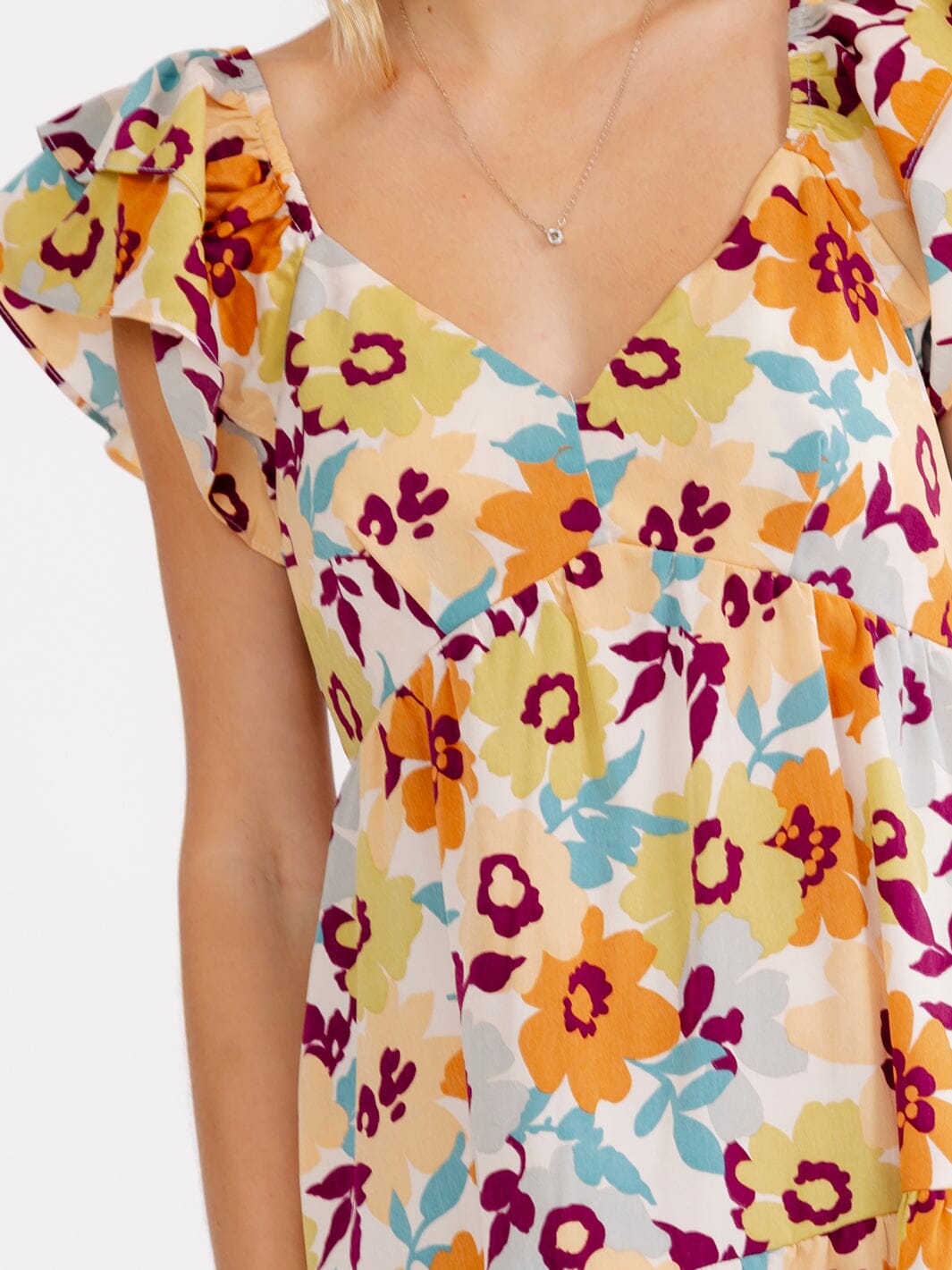 WOMEN'S RUFFLE SLEEVE V-NECK SMOCK TIERED FLORAL MINI DRESS