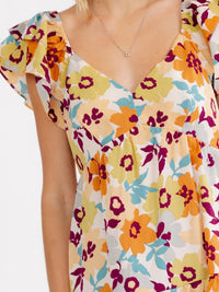 WOMEN'S RUFFLE SLEEVE V-NECK SMOCK TIERED FLORAL MINI DRESS