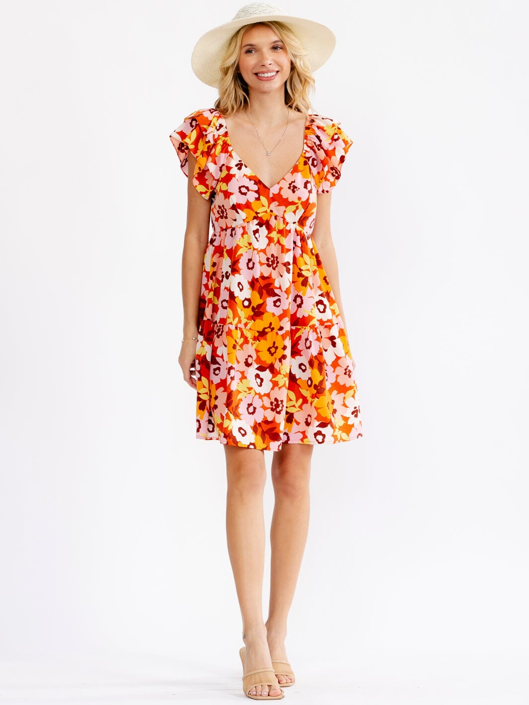 WOMEN'S RUFFLE SLEEVE V-NECK SMOCK TIERED FLORAL MINI DRESS