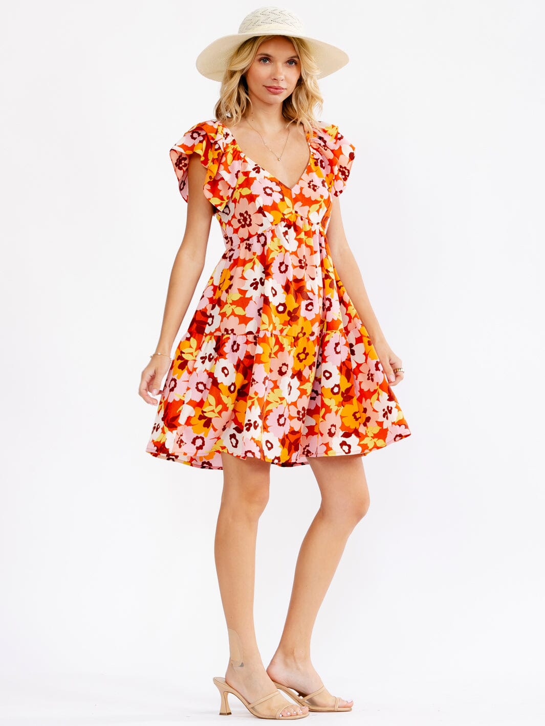 WOMEN'S RUFFLE SLEEVE V-NECK SMOCK TIERED FLORAL MINI DRESS