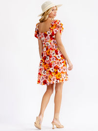 WOMEN'S RUFFLE SLEEVE V-NECK SMOCK TIERED FLORAL MINI DRESS