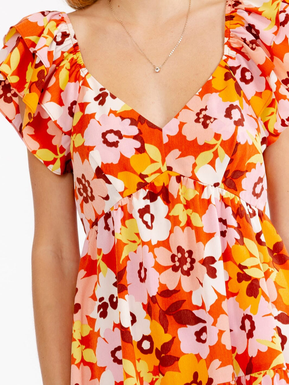WOMEN'S RUFFLE SLEEVE V-NECK SMOCK TIERED FLORAL MINI DRESS