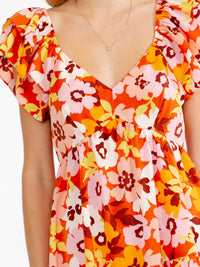 WOMEN'S RUFFLE SLEEVE V-NECK SMOCK TIERED FLORAL MINI DRESS