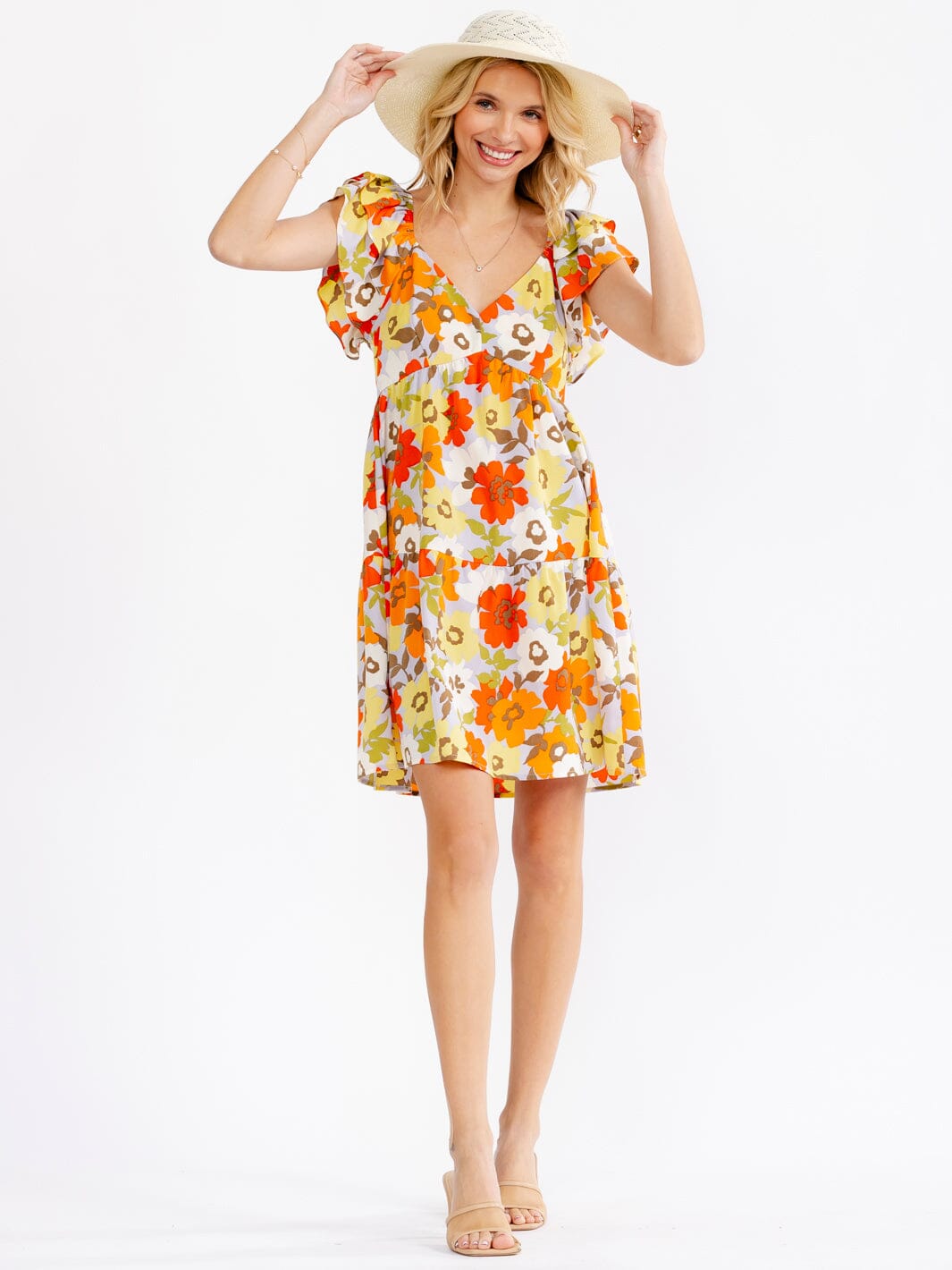 WOMEN'S RUFFLE SLEEVE V-NECK SMOCK TIERED FLORAL MINI DRESS