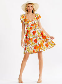 WOMEN'S RUFFLE SLEEVE V-NECK SMOCK TIERED FLORAL MINI DRESS
