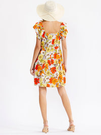 WOMEN'S RUFFLE SLEEVE V-NECK SMOCK TIERED FLORAL MINI DRESS
