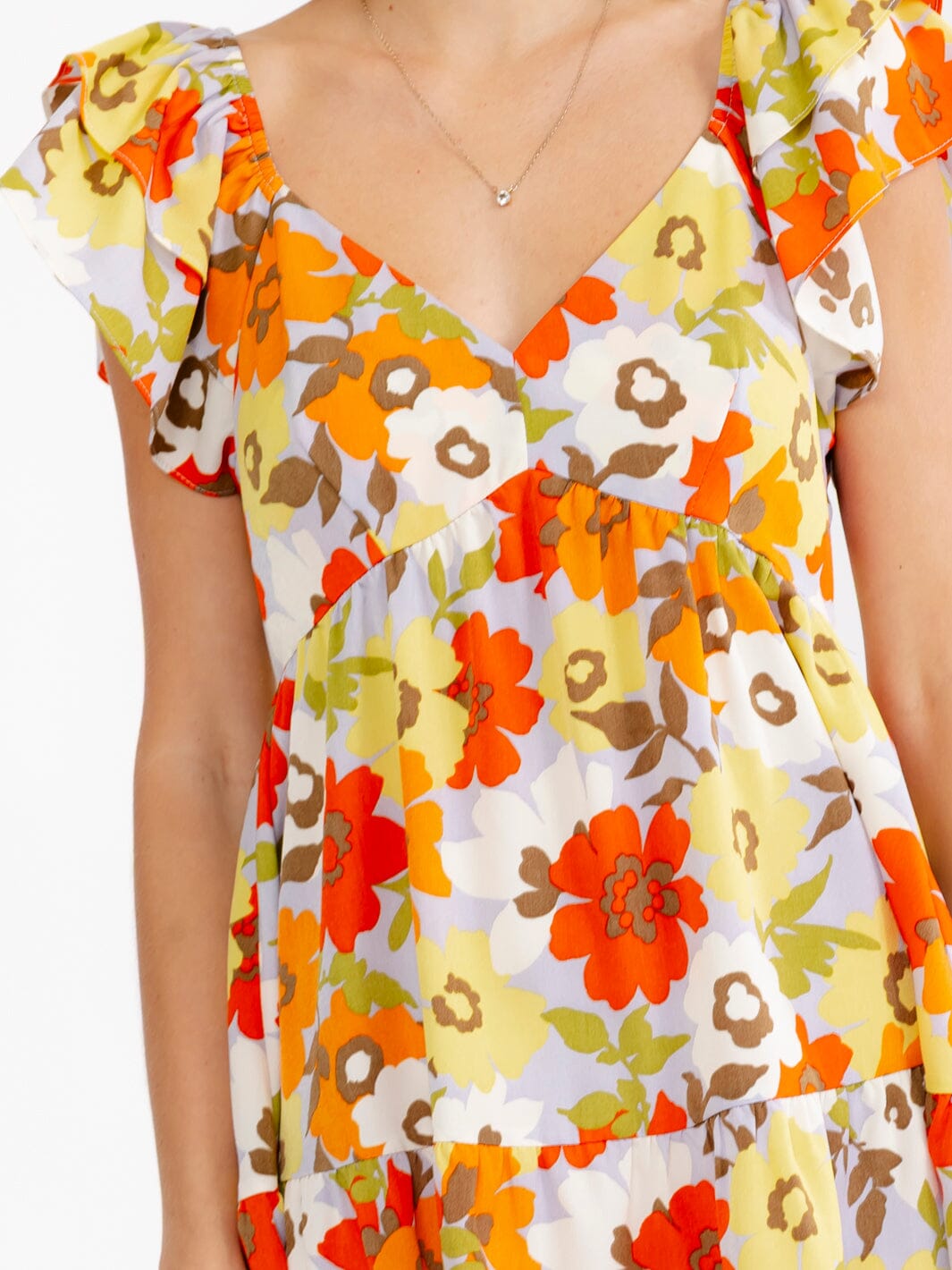 WOMEN'S RUFFLE SLEEVE V-NECK SMOCK TIERED FLORAL MINI DRESS