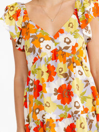 WOMEN'S RUFFLE SLEEVE V-NECK SMOCK TIERED FLORAL MINI DRESS