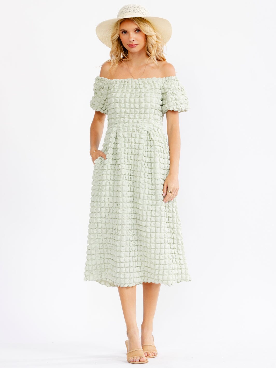 WOMEN'S SHORT SLEEVE OFF SHOULDER FRONT POCKETS DETAILED MIDI DRESS