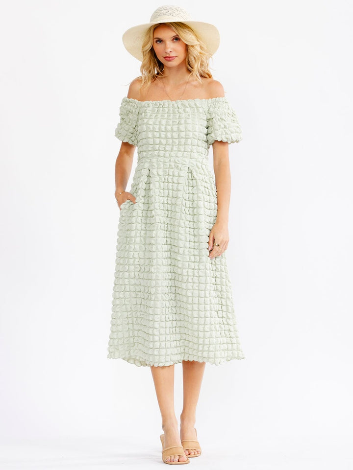 WOMEN'S SHORT SLEEVE OFF SHOULDER FRONT POCKETS DETAILED MIDI DRESS