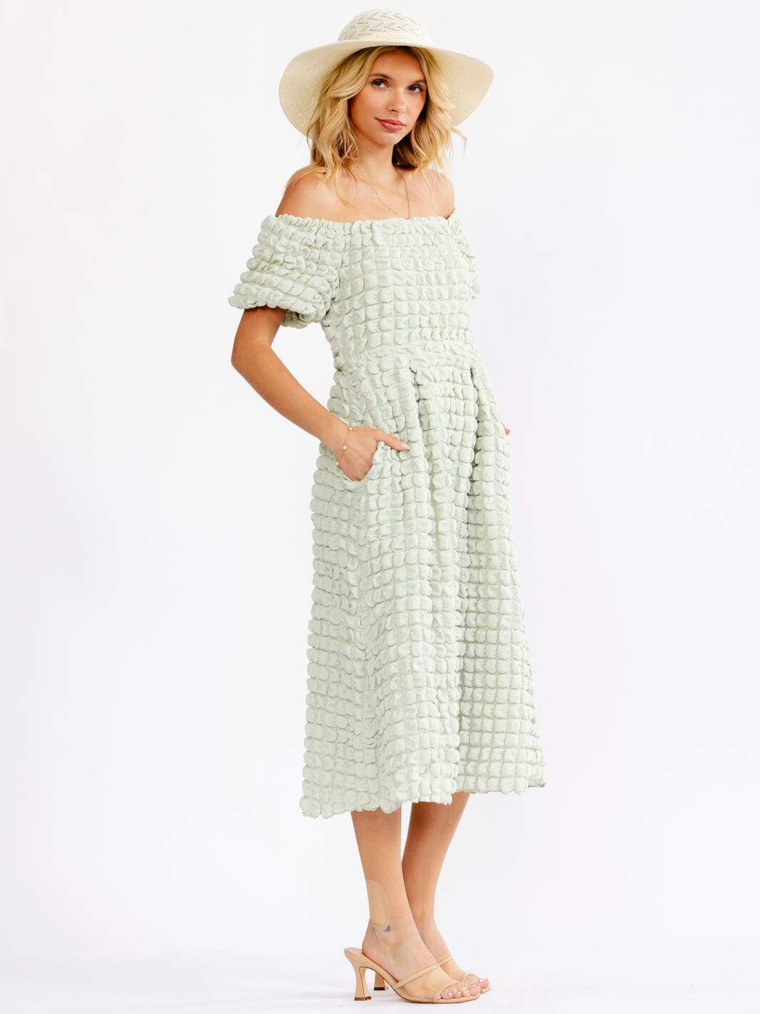 WOMEN'S SHORT SLEEVE OFF SHOULDER FRONT POCKETS DETAILED MIDI DRESS