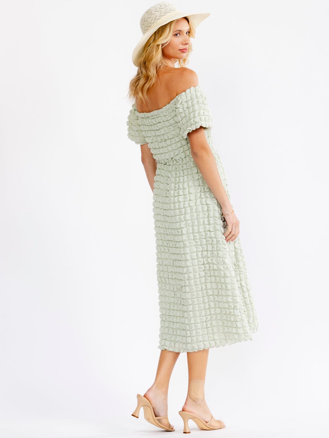 WOMEN'S SHORT SLEEVE OFF SHOULDER FRONT POCKETS DETAILED MIDI DRESS