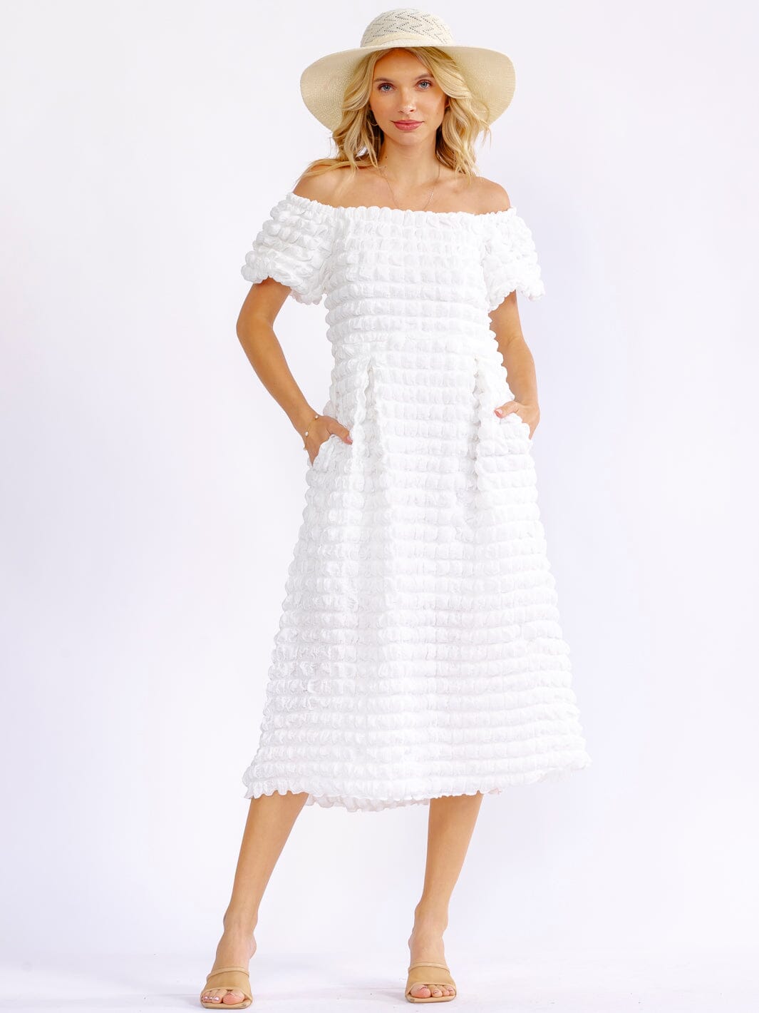 WOMEN'S SHORT SLEEVE OFF SHOULDER FRONT POCKETS DETAILED MIDI DRESS