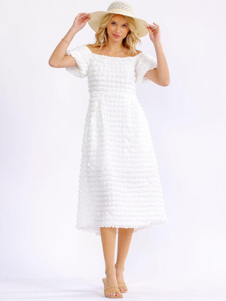 WOMEN'S SHORT SLEEVE OFF SHOULDER FRONT POCKETS DETAILED MIDI DRESS