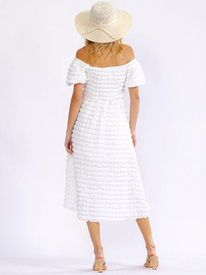 WOMEN'S SHORT SLEEVE OFF SHOULDER FRONT POCKETS DETAILED MIDI DRESS