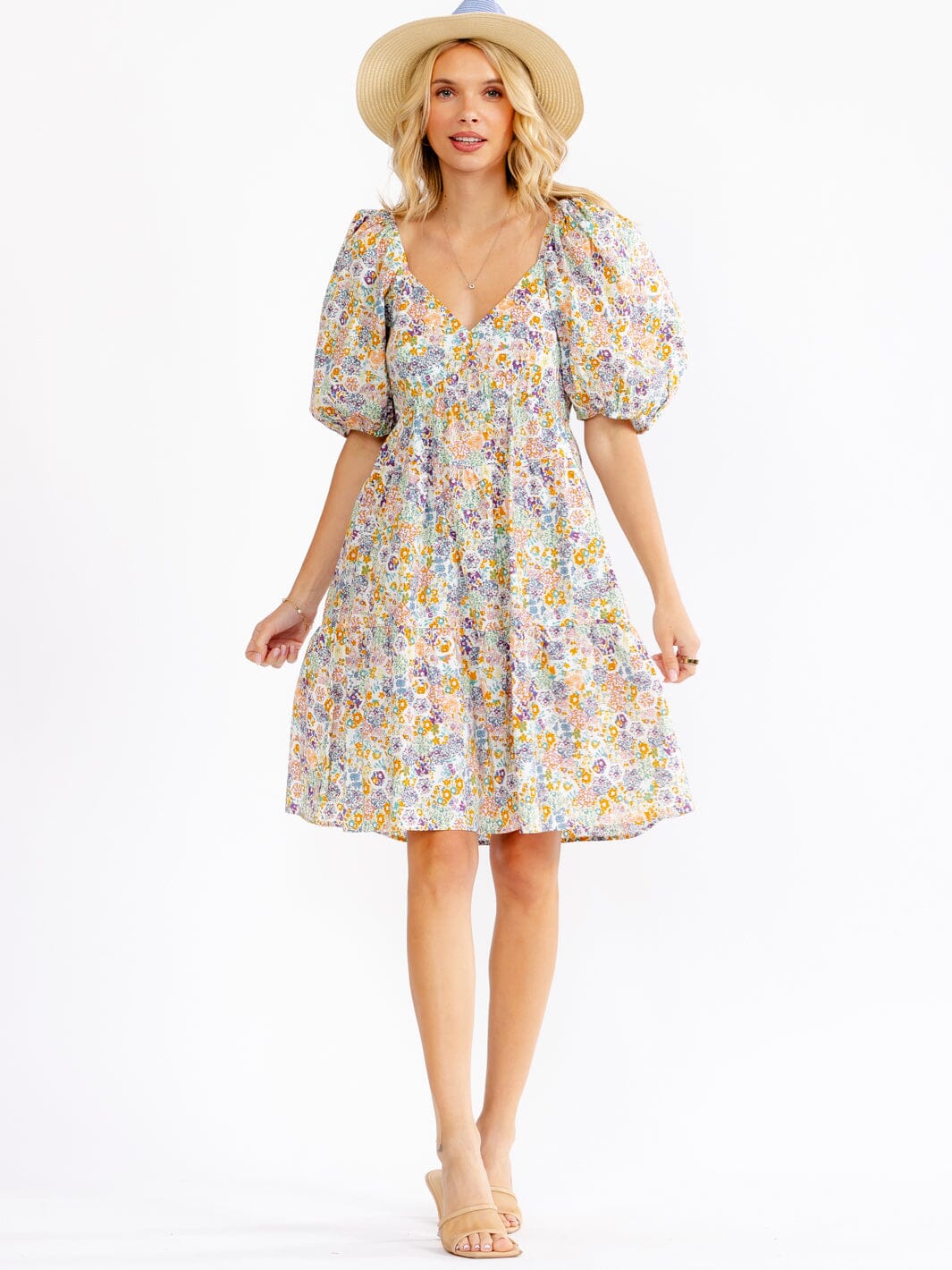 WOMEN'S SHORT PUFF SLEEVE V-NECK FLORAL MINI DRESS