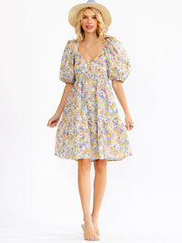WOMEN'S SHORT PUFF SLEEVE V-NECK FLORAL MINI DRESS
