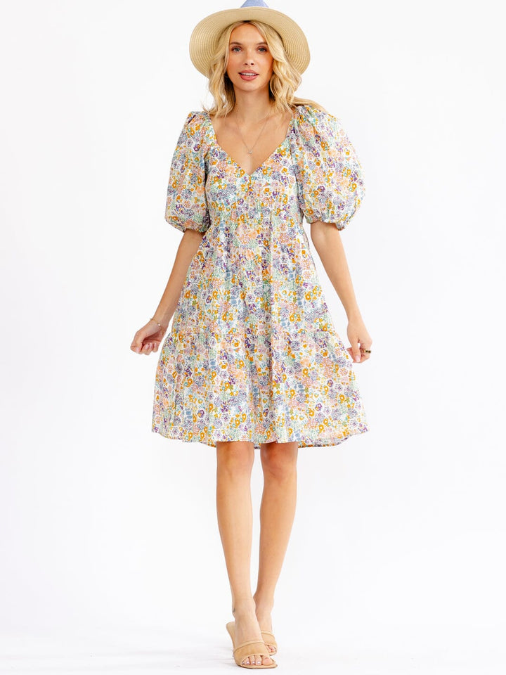 WOMEN'S SHORT PUFF SLEEVE V-NECK FLORAL MINI DRESS