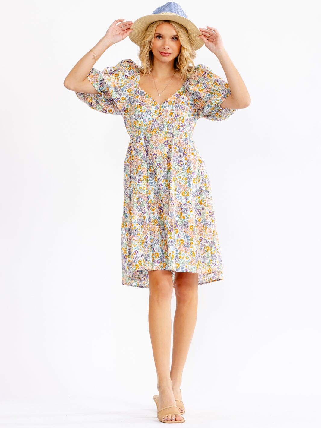 WOMEN'S SHORT PUFF SLEEVE V-NECK FLORAL MINI DRESS
