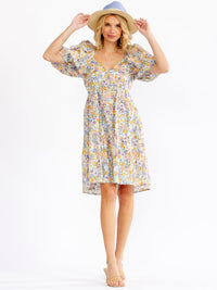 WOMEN'S SHORT PUFF SLEEVE V-NECK FLORAL MINI DRESS