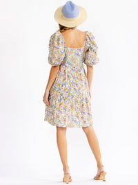 WOMEN'S SHORT PUFF SLEEVE V-NECK FLORAL MINI DRESS