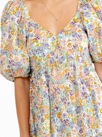 WOMEN'S SHORT PUFF SLEEVE V-NECK FLORAL MINI DRESS