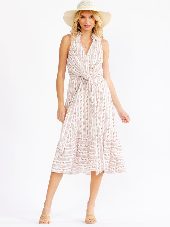 WOMEN'S SLEEVELESS V-NECK FRONT KNOT MULTI PRINT MIDI DRESS