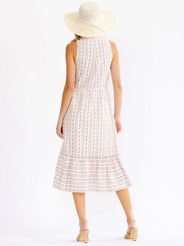 WOMEN'S SLEEVELESS V-NECK FRONT KNOT MULTI PRINT MIDI DRESS