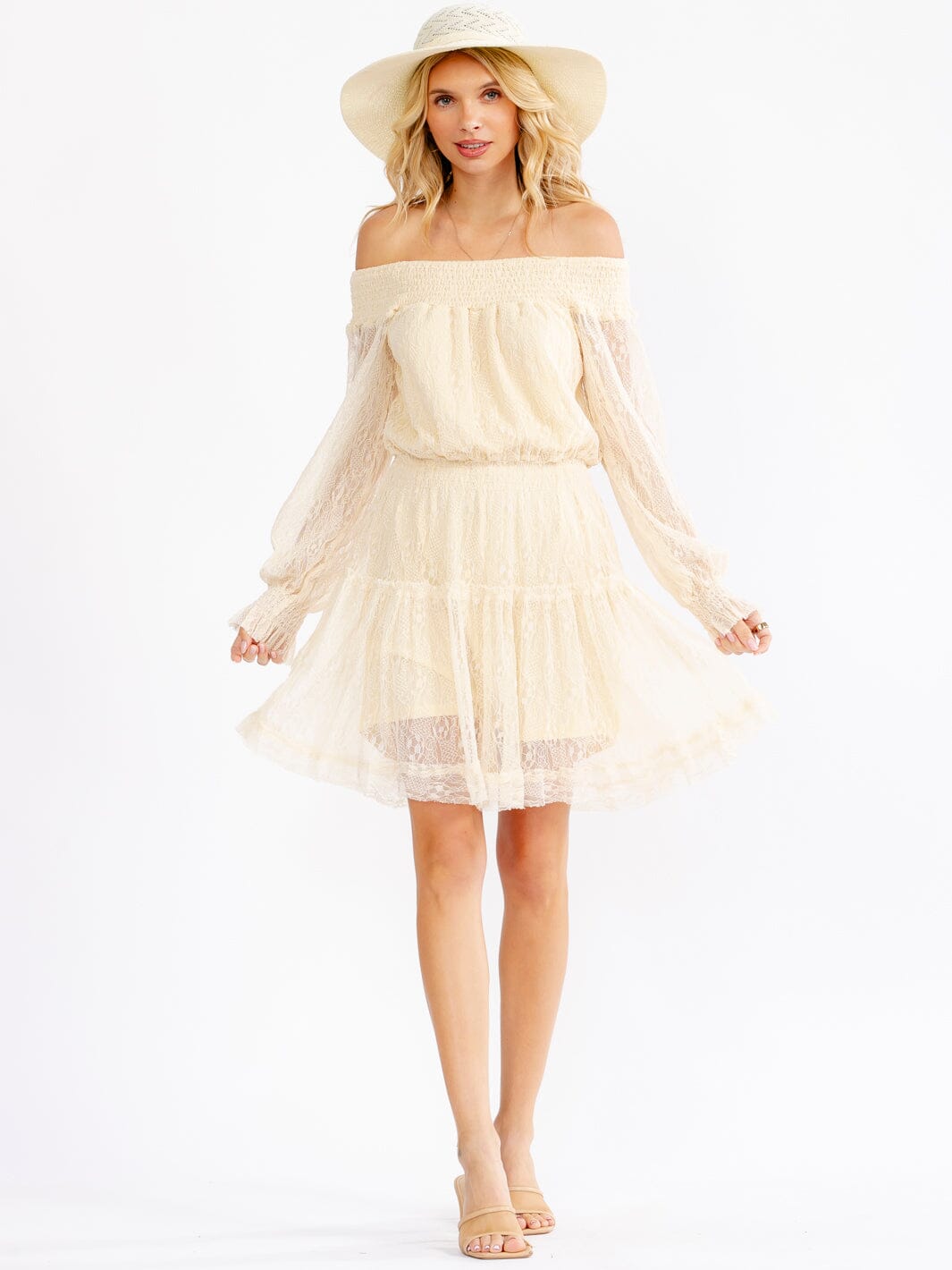 JUST ME WOMEN'S OFF SHOULDER LONG SLEEVE ELASTIC WAIST LACE MINI DRESS