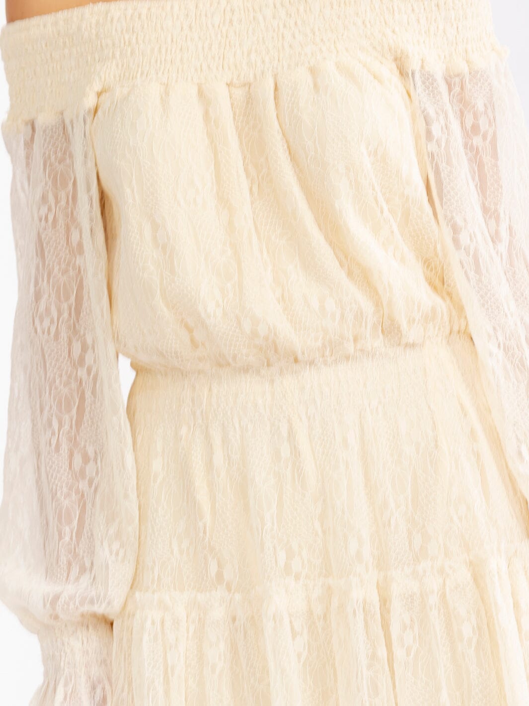JUST ME WOMEN'S OFF SHOULDER LONG SLEEVE ELASTIC WAIST LACE MINI DRESS