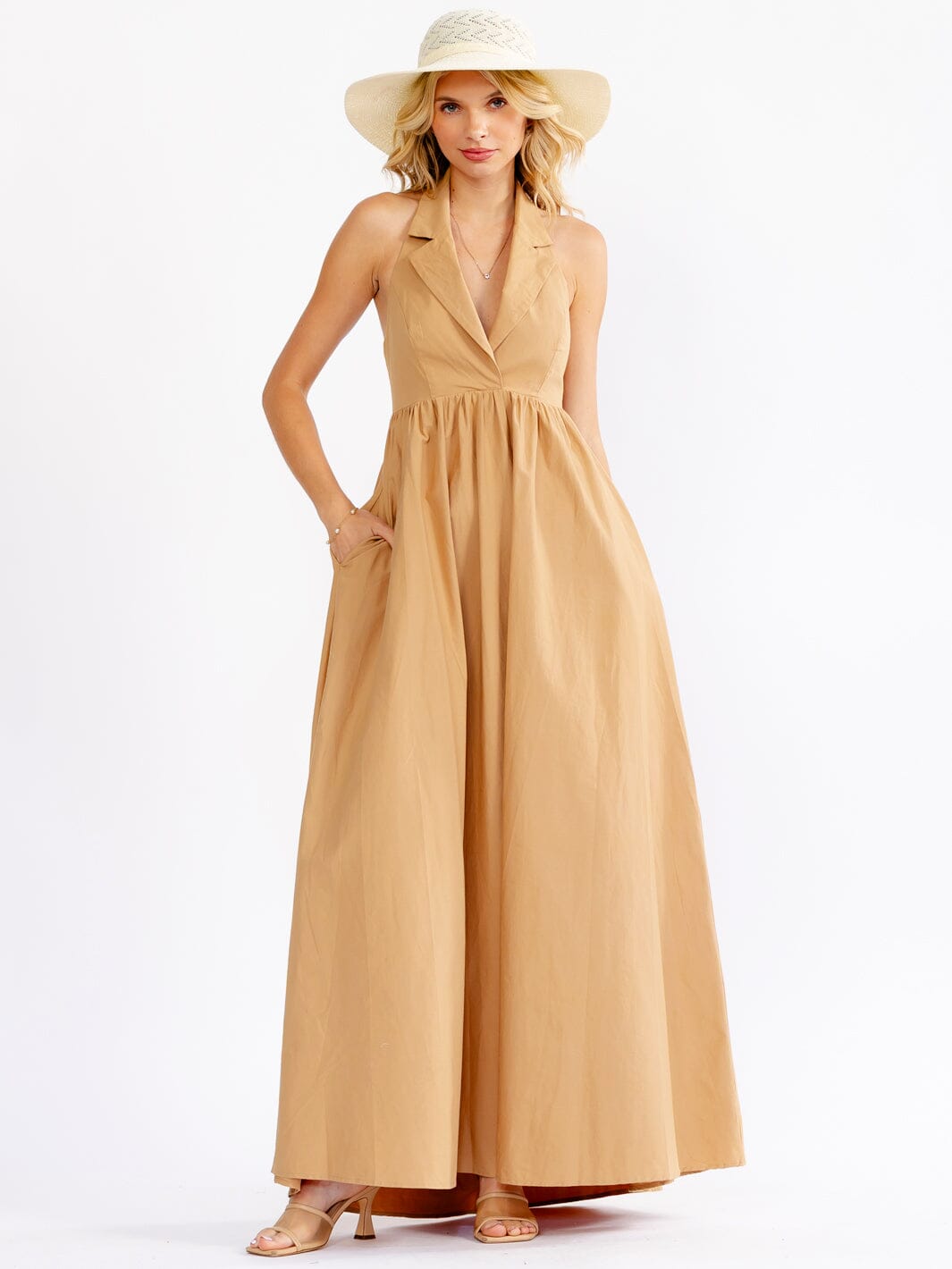 WOMEN'S SLEEVELESS V-NECK OPEN BACK FRONT POCKETS MAXI DRESS