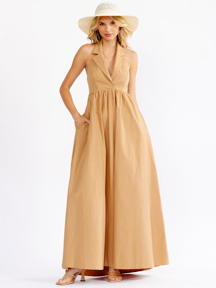 WOMEN'S SLEEVELESS V-NECK OPEN BACK FRONT POCKETS MAXI DRESS