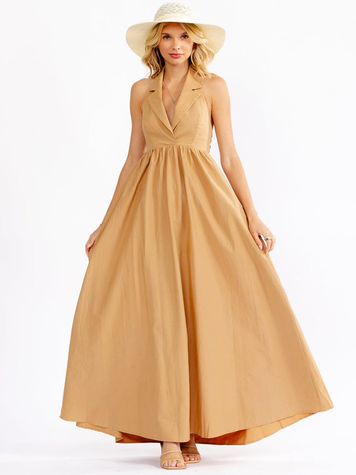 WOMEN'S SLEEVELESS V-NECK OPEN BACK FRONT POCKETS MAXI DRESS