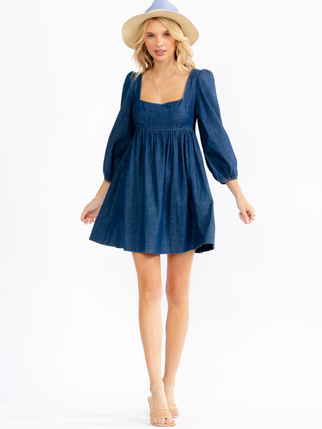 WOMEN'S 3/4 SLEEVES FRONT POCKETS SMOCK FIT & FLARE MINI DRESS