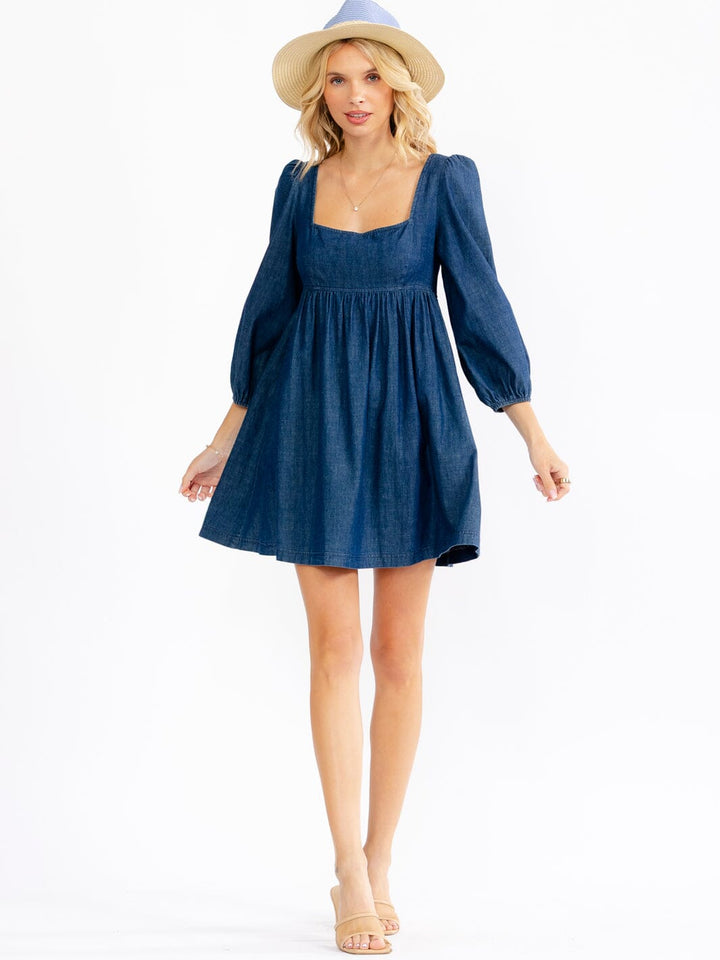 WOMEN'S 3/4 SLEEVES FRONT POCKETS SMOCK FIT & FLARE MINI DRESS
