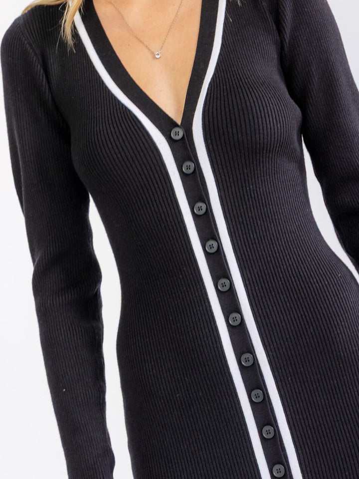 WOMEN'S LONG SLEEVE V-NECK BUTTON UP RIBBED BODYCON MIDI DRESS